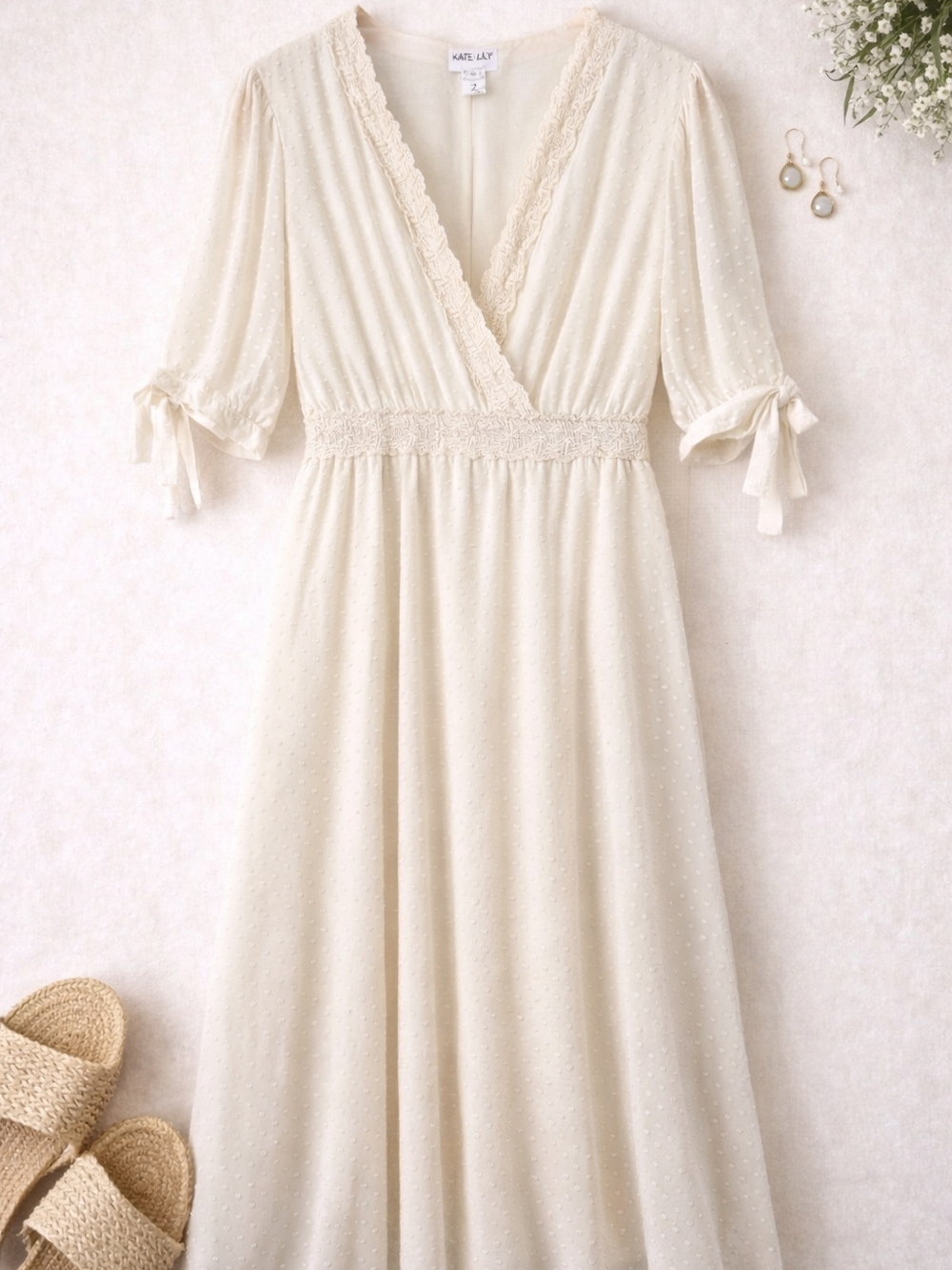 Kate & Lilly Cream Swiss Dot Lace Midi Dress Romantic Boho  Sz 12 - Picture 2 of 10